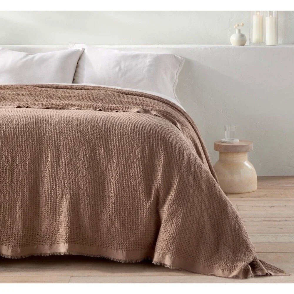 SET King Textured Waffle Coverlet & 2 Euro Shams Brown - Casaluna NEW